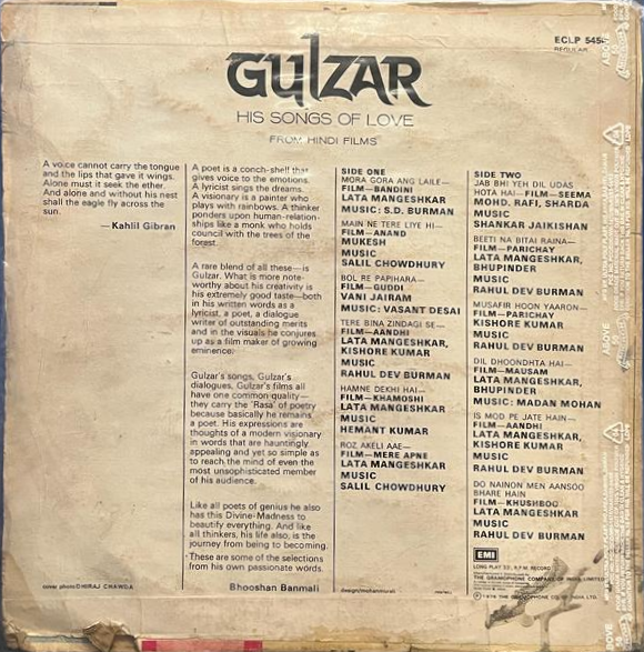 Gulzar - His Songs of Love (Used) -- 1976