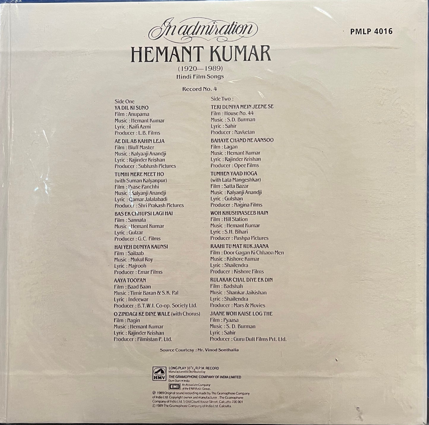 Hemant Kumar - In Admiration (Used) -- 1989